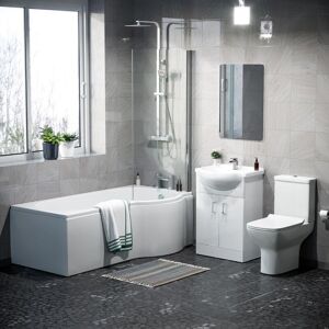 Nes Home - Warton P-Shaped Right Hand Side Bath Set, Front Panel, Bath Screen, Rimless Open Back cc Toilet, 550mm Floor Standing Vanity Unit White, Nes Home - Warton P-Shaped Right Hand Side Bath Set, Front Panel, Bath Screen, Rimless Open Back cc Toilet, 550mm Floor Standing Vanity Unit White,