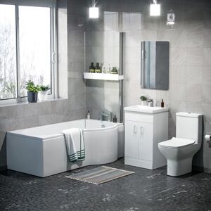 NES HOME Warton P-Shaped Right Handed Bath + Screen, 500mm Floor Standing Vanity Unit and Close Coupled Toilet Suite NES HOME Warton P-Shaped Right Handed Bath + Screen, 500mm Floor Standing Vanity Unit and Close Coupled Toilet Suite