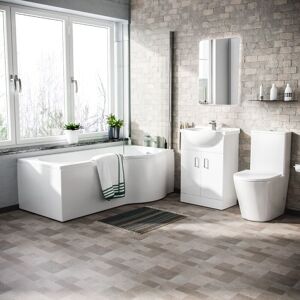 Nes Home - Warton P-Shaped Right Handed Bath, with Bath Screen 550mm Floor Standing Vanity Unit and Close Coupled Toilet Suite Nes Home - Warton P-Shaped Right Handed Bath, with Bath Screen 550mm Floor Standing Vanity Unit and Close Coupled Toilet Suite