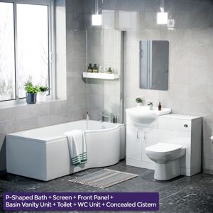 NES HOME Warton P-Shaped Right Handed Bath, 550mm Vanity Basin Unit, wc Unit and Curved btw Toilet Suite White NES HOME Warton P-Shaped Right Handed Bath, 550mm Vanity Basin Unit, wc Unit and Curved btw Toilet Suite White