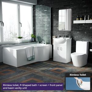 NES HOME Warton P-Shaped Right Handed Bath, 550mm Vanity Basin Unit, wc Unit and Toilet Suite White NES HOME Warton P-Shaped Right Handed Bath, 550mm Vanity Basin Unit, wc Unit and Toilet Suite White