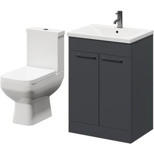 Turin Gloss Grey 600mm Floor Standing Vanity Unit and Toilet Suite with 1 Tap Hole Basin and 2 Doors with Gunmetal Grey Handles - Wholesale Domestic Turin Gloss Grey 600mm Floor Standing Vanity Unit and Toilet Suite with 1 Tap Hole Basin and 2 Doors with Gunmetal Grey Handles - Wholesale Domestic