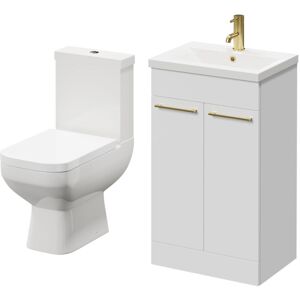 Turin Gloss White 500mm Floor Standing Vanity Unit and Toilet Suite with 1 Tap Hole Basin and 2 Doors with Brushed Brass Handles - Wholesale Domestic Turin Gloss White 500mm Floor Standing Vanity Unit and Toilet Suite with 1 Tap Hole Basin and 2 Doors with Brushed Brass Handles - Wholesale Domestic