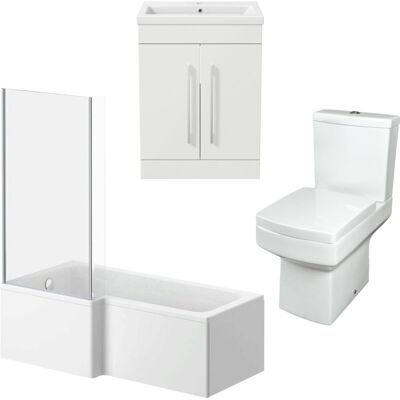 AQUARI Aurora - Bathroom Suite Vanity Unit Basin l Shape Bath With Square Toilet wc White lh AQUARI Aurora - Bathroom Suite Vanity Unit Basin l Shape Bath With Square Toilet wc White lh