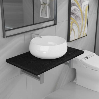 vidaXL 2-Tlg. Bathroom Furniture Set - Black - 60cm Shelf & Round Ceramic Sink vidaXL 2-Tlg. Bathroom Furniture Set - Black - 60cm Shelf & Round Ceramic Sink