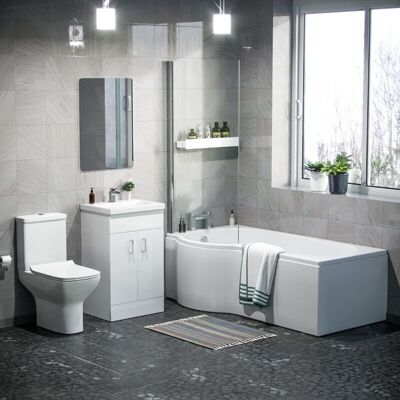 NES HOME Warton P-Shaped Left Handed Bath, 500mm Floor Standing Vanity Unit and Close Coupled Toilet Suite NES HOME Warton P-Shaped Left Handed Bath, 500mm Floor Standing Vanity Unit and Close Coupled Toilet Suite