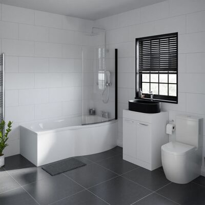 Wholesale Domestic - Aster 1700mm Right Hand p Shaped Bathroom Suite including Matt Black Countertop Basin and Gloss White Vanity Unit with Polished Wholesale Domestic - Aster 1700mm Right Hand p Shaped Bathroom Suite including Matt Black Countertop Basin and Gloss White Vanity Unit with Polished