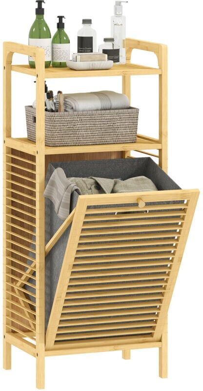 Removable 37L Laundry Hamper with Bamboo Bathroom Storage Cabinet - Homcom