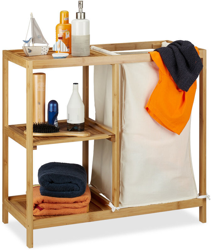 Relaxdays - Bathroom Shelf With Laundry Hamper, 3 Tiers, Removable Sack, Open Bamboo Shelving, HxWxD 65x68x33 cm, Natural