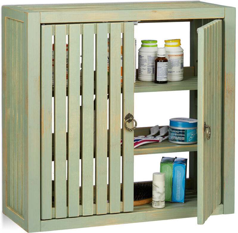 Relaxdays - Wall Cabinet Vintage, Bamboo, 2 Doors, Magnet Latch, 2 Shelves, Bathroom & Kitchen, hwd 50 x 52 x 20 cm, Green