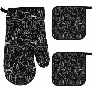 HOOPZI 1 Oven Gloves + 2 Potholders, Large Kitchen Gloves, Microwave Oven Gloves, Cotton Lining Glove, Oven Mitts, Barbecue Glove, Cooking, Grilling,