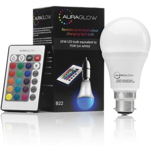 Auraglow - 10w Remote Control Colour Changing led Light Bulb B22, 75w eqv Warm White Dimmable Version - 3rd Generation