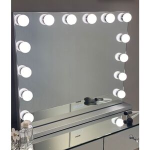 CARME HOME Harlow Hollywood Mirror with Bluetooth Speakers 3 Colour led Light Bulbs Dimmable Touch Sensor usb Charger Silver Home Furniture - Silver