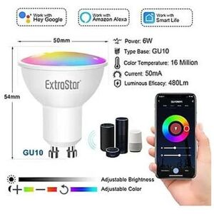 Extrastar - Smart Dimmable GU10 6W led Wi-Fi Colour Control Light Bulb, 1 pc Extrastar - Smart Dimmable GU10 6W led Wi-Fi Colour Control Light Bulb, 1 pc
