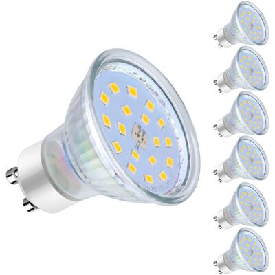 GU10 LED Bulbs, 5W equivalent to 60W, 600lm, Cool White 6000K, 120° Wide Beam Angle, LED Spot Bulbs, Pack of 6 GU10 LED Bulbs, 5W equivalent to 60W, 600lm, Cool White 6000K, 120° Wide Beam Angle, LED Spot Bulbs, Pack of 6