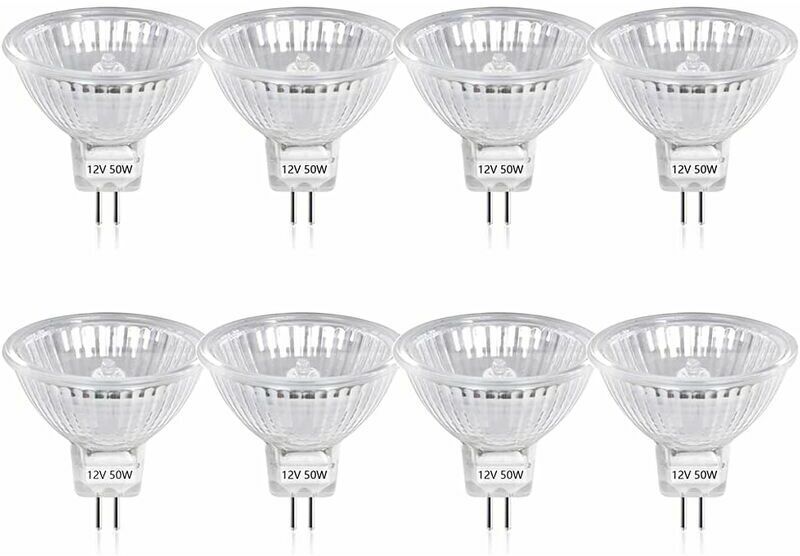 Dewdat - 50W GU5.3 MR16 Dimmable Halogen Bulb, dc 12V Low Voltage 2 Pin Base Spotlight Reflector Light Bulbs, 800 Lumen, Warm White 2800K(8-PCS)