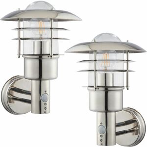 Loops - 2 pack IP44 Outdoor Wall Lamp Stainless Steel Caged Glass pir Lantern Over Light