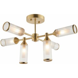 Loops - Brass Semi Flush 6 Bulb Ceiling Light - Ribbed Glass Shades & Frosted Diffusers