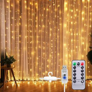 AOUGO Curtain Lights, 3x3m Curtain Lights 300 led Waterproof IP65 Wedding Curtain Lights, 8 Lighting Modes, Timer Remote Control, Wedding Window Decoration