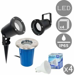 Valuelights - 4 x 3 In 1 Ground / Wallpike Outdoor Lights Black Finish Ip65 + GU10 led Bulbs - Warm White