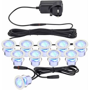 LOOPS Recessed IP44 Decking Guide Light Kit - 10 x Blue Light led - Stainless Steel