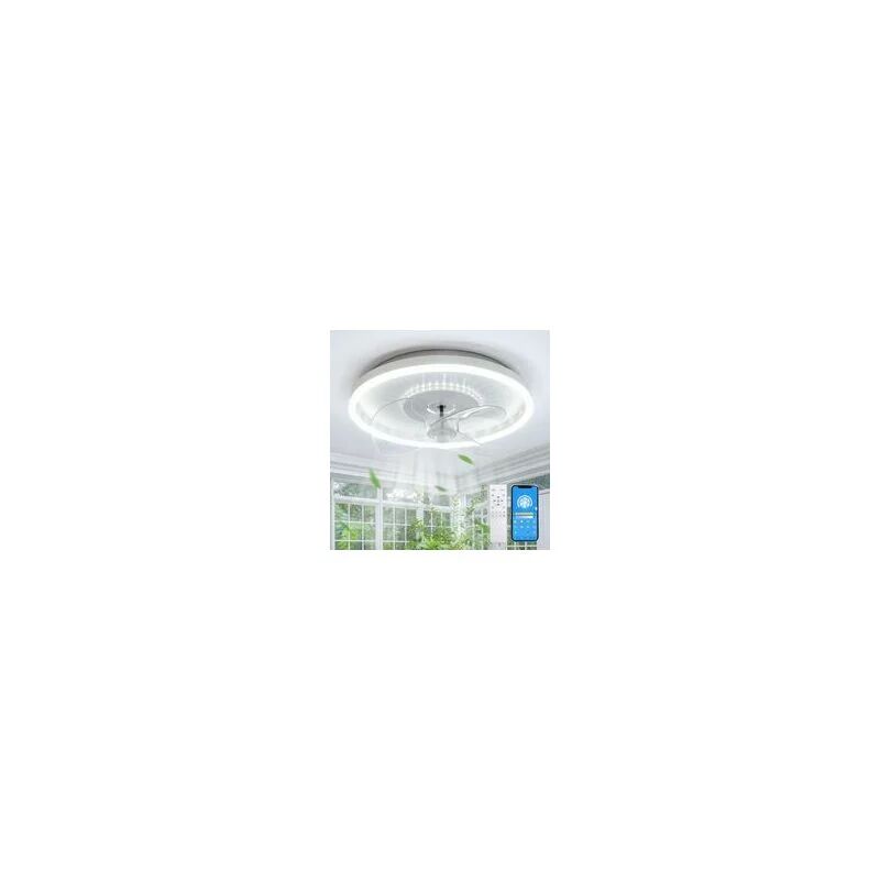 DENUOTOP Ventilateur de Plafond avec Éclairage, led Dimmable Plafonnier avec Ventilateur et Télécommande app 6 Vitesses, 32W Blanc Rond Silencieux Ventilateur
