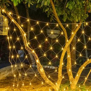 HOOPZI 96 led Crisp Net Lights Outdoor, 1.5M x 1.5M Waterproof Solar Powered String Lights, Garden Patio Fence, Warm White