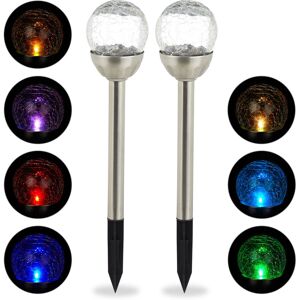 Relaxdays Glass Sphere Garden Lights Set of 2, Modern Solar Lamps, Cullet Look, Waterproof, Colour Change, Silver