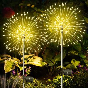 TONCHEAN Solar Lights Outdoor 2pcs, 120 led Solar Lights Outdoor Waterproof, 8 Modes Solar Garden Fireworks Lights, for Paths Lawn Terrace
