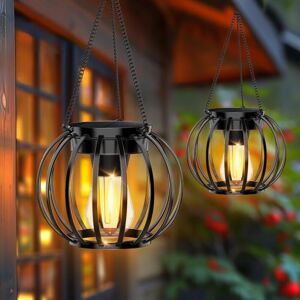 Gotrays - Waterproof Outdoor Solar Lanterns: 2 Pack Metal Hanging Solar Lights for Outdoor Garden Decoration, Solar Garden Lantern Decorative Lights
