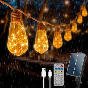 SJQKA Solar string lights outdoor with 16 bulbs, 10m hemp rope, 8 modes, IP64 waterproof, remote control and USB charging, ideal for gardens, patios, bars SJQKA Solar string lights outdoor with 16 bulbs, 10m hemp rope, 8 modes, IP64 waterproof, remote control and USB charging, ideal for gardens, patios, bars