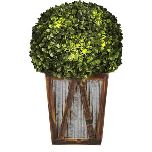 Indoor Outdoor Garden Solar Light Decor, Pre Lit Automatic Artificial Faux Round Topiary Shrub Bush with Farmhouse Wooden Plant Pot - Teamson Home Indoor Outdoor Garden Solar Light Decor, Pre Lit Automatic Artificial Faux Round Topiary Shrub Bush with Farmhouse Wooden Plant Pot - Teamson Home