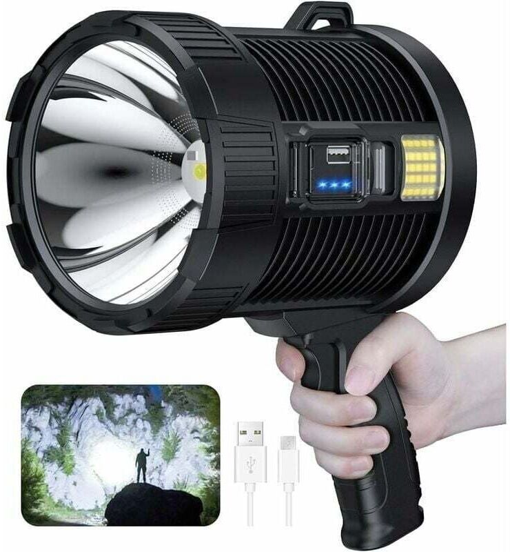 COOCHEER Rechargeable Spotlight, 100000 Lumens Led Handheld Spotlight Large Flashlight Super Bright Outdoor Solar Floodlight, with Cob Lamp, 6 Modes, IPX5