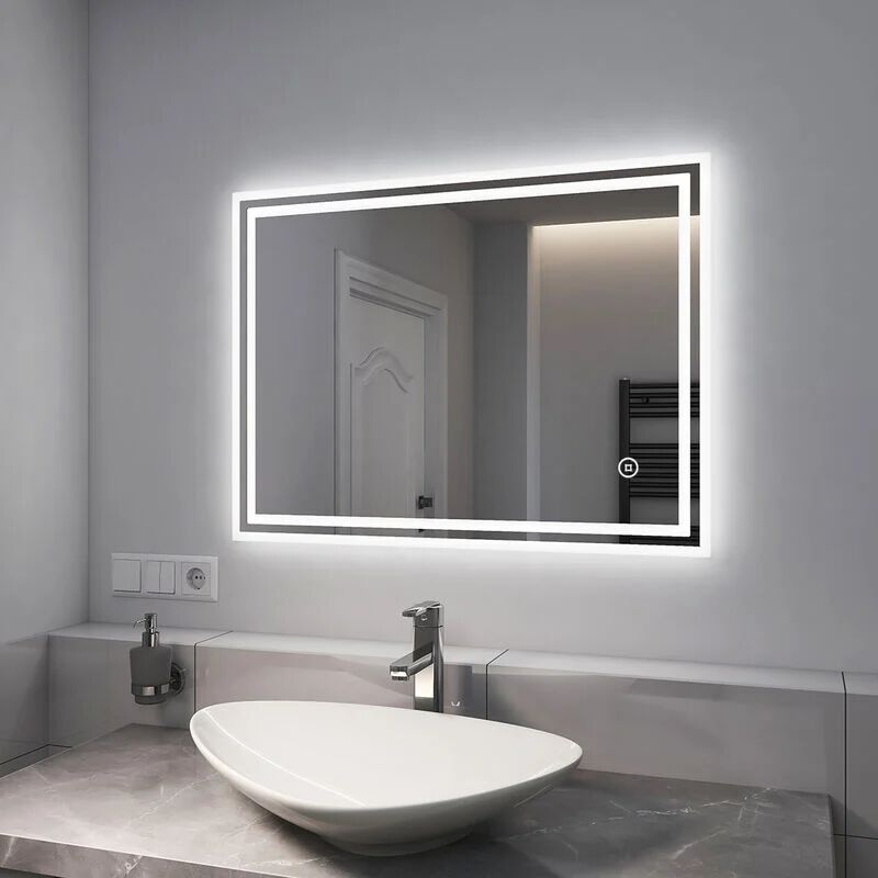 Emke - Wall Mounted Shaver Socket led Bathroom Mirrors with Extra Fuse, Dimmable & Demister, 600x800mm Horizontal / Vertical