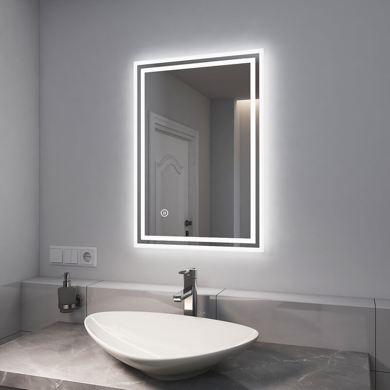 Emke - Wall Mounted Shaver Socket led Bathroom Mirrors with Extra Fuse, Dimmable & Demister, 500x700mm Horizontal / Vertical