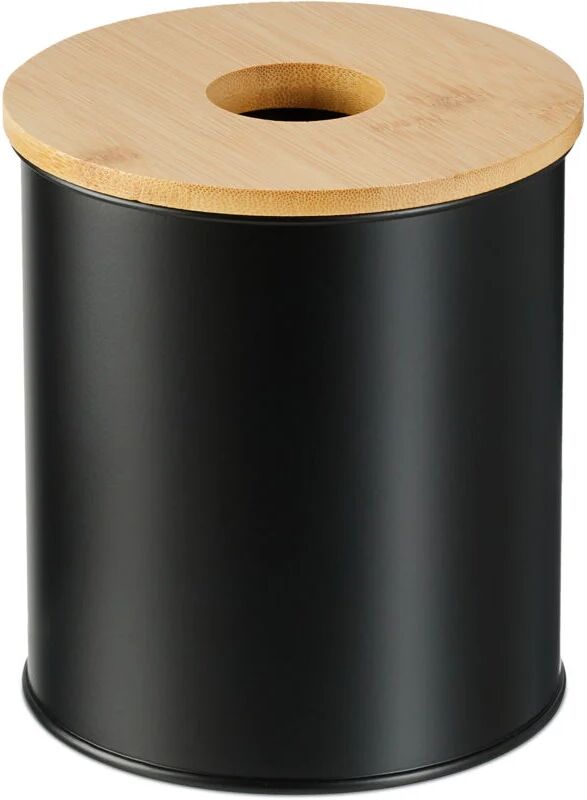 Cosmetic bin, 2 litre, bamboo lid with hole, round bathroom waste bin, waste bin for bathroom & dressing table, black - Relaxdays