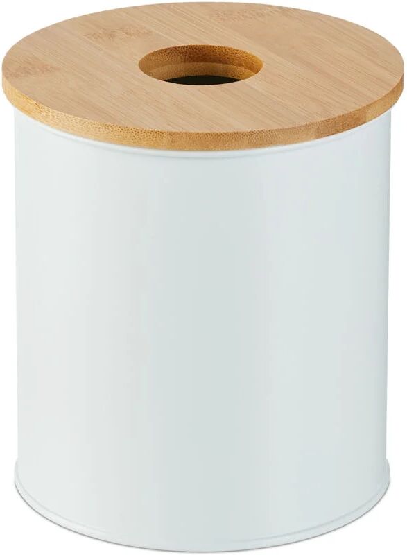 Cosmetic bin, 2 litre, bamboo lid with hole, round bathroom waste bin, waste bin for bathroom & dressing table, white - Relaxdays