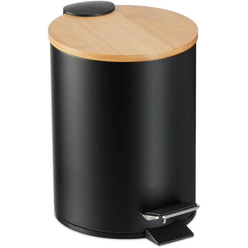 Cosmetic bin, 3 litre, soft-close mechanism, removable inner bin, bathroom waste bin, metal, bamboo lid, black - Relaxdays