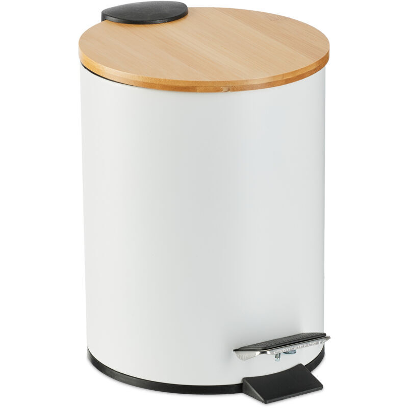 Cosmetic bin, 3 litre, soft-close mechanism, removable inner bin, bathroom waste bin, metal, bamboo lid, white - Relaxdays