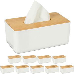 Set of 10 Tissue Box Covers, Bamboo Top, Wipe Dispenser, Kitchen & Bathroom, 10 x 23 x 13 cm, White/Natural - Relaxdays