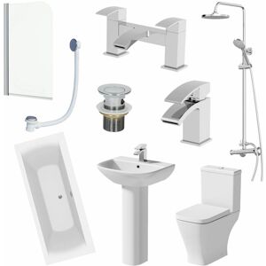 AFFINE 1700mm Bathroom Suite Double Ended Bath Shower Toilet Pedestal Basin Taps Screen - White