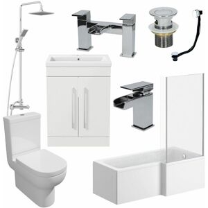 AFFINE 1700mm Bathroom Suite RH L Shaped Bath Screen Basin Toilet Shower Taps Waste - White