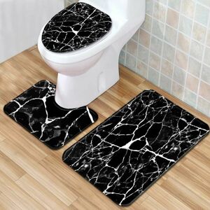 Hoopzi - 3pcs/set Marbling Non-Slip Bathroom Mat Rug Set Bathroom Rug + U-shaped Toilet Mat + Lid Cover, Black