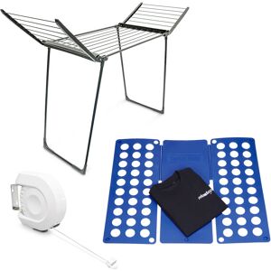 3-piece Household Set, Folding Board & Drying Rack & Clothesline, Laundry Organiser, Fold to A4 Size, Blue - Relaxdays