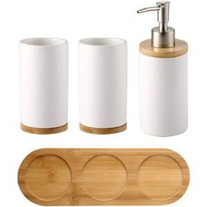 TINOR 4-Piece Ceramic Bathroom Set Includes Soap Dispenser Pump, Toothbrush Holder, Tumblers, Wooden Tray