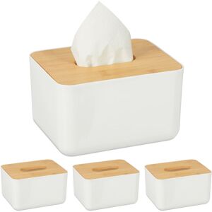 Set of 4 Tissue Box Covers, Bamboo Top, Baby Wipe Dispenser, Kitchen, Bathroom, 10 x 23 x 13 cm, White/Natural - Relaxdays