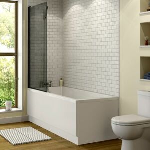 AFFINE 1600 x 700mm Bathroom Single Ended Square Bath & Square Black Shower Screen with Front & End Panels - White