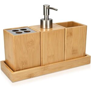 MEMKEY Bathroom Accessories Set - 4X Bamboo Bathroom Accessories - Toothbrush Holder - Soap Dispenser - Tumbler - Holder