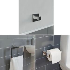 Architeckt - Bathroom Accessories Set Robe Hook Towel Ring Toilet Roll Holder Chrome Square - Silver