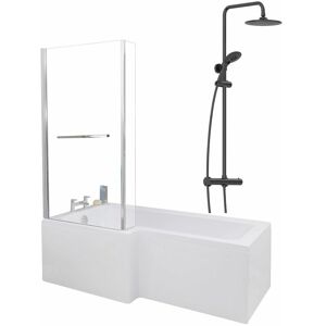 AFFINE 1700mm Bathroom L Shaped Bath Mixer Shower Screen LH White with Front Panel - White